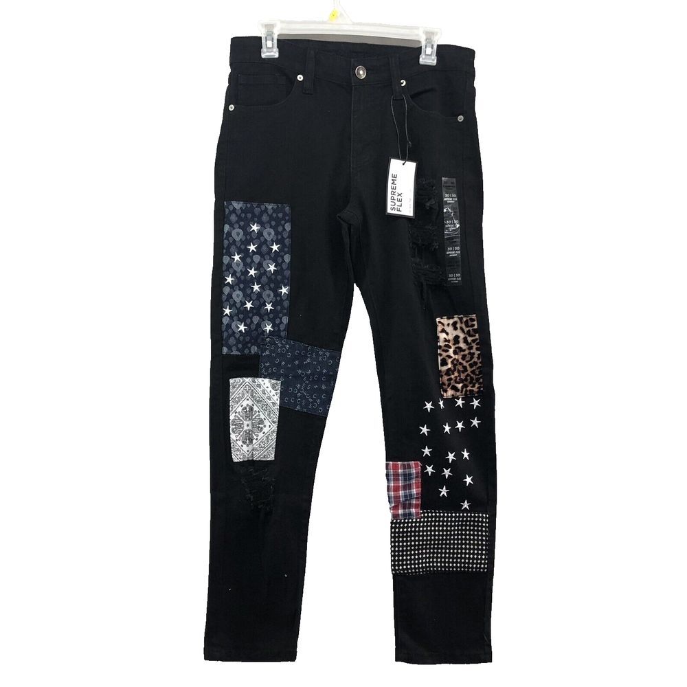 New Rue21 Jeans Premium Straight Leg Black Patch Distressed Size 30/32 Men